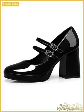 Women's Mary Jane Chunky Heel Closed Toe Block Heel Faux Leather Pumps
